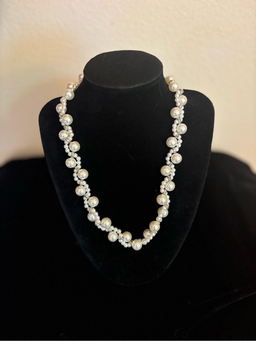 Elegant Faux Pearl Necklace with Rhinestone Accents, 16” + 2.5” Extension